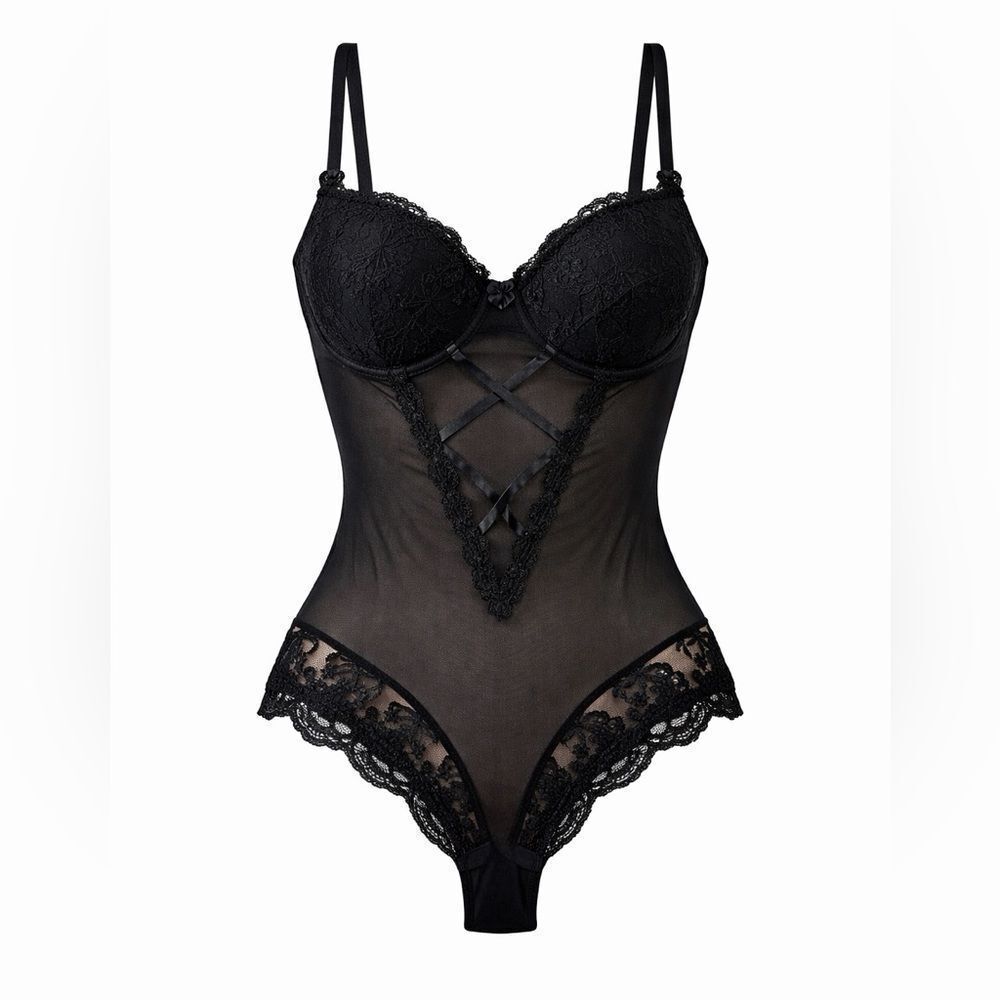 Rampage Black Lace Mesh Bodysuit 34B Sheer Teddy Snap Crotch Lingerie Vintage